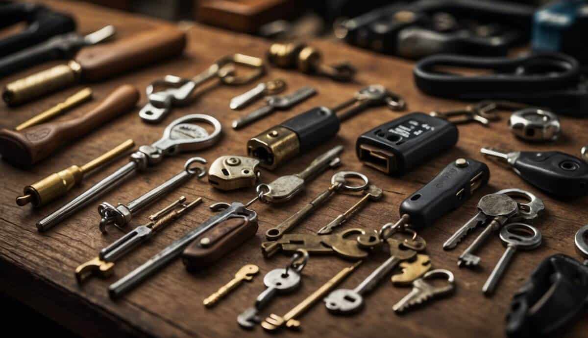 A locksmith's tools laid out on a workbench, with various keys, lock picks, and a sturdy lock displayed, showcasing the importance of a good locksmith