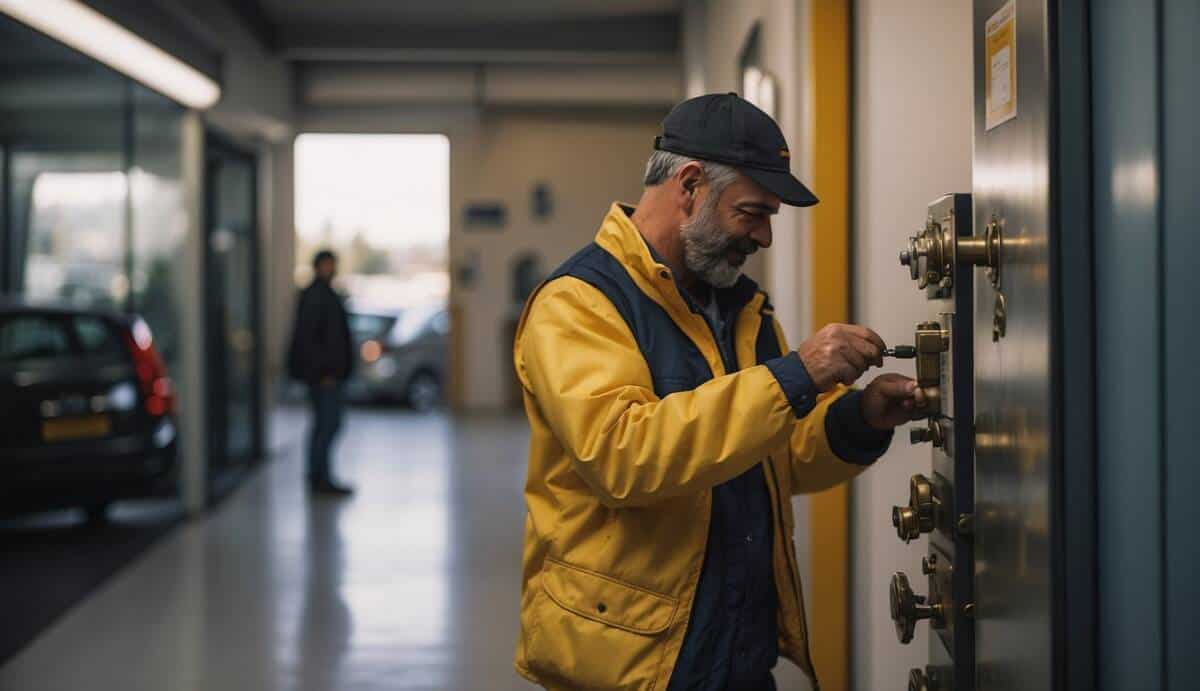 A locksmith in El Prat de Llobregat, with a toolbox, fixing a lock on a door