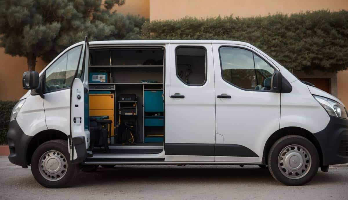 A locksmith's van parked outside a residential building in El Prat de Llobregat, with tools and equipment visible through the open rear doors