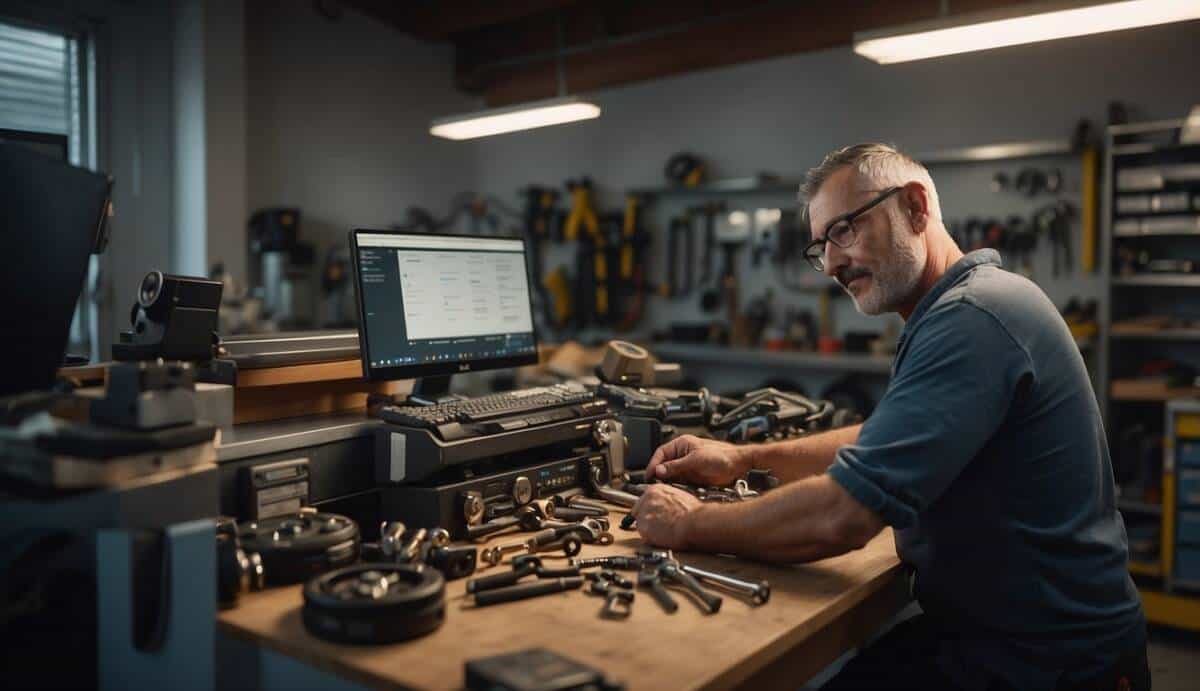 A locksmith carefully selects tools in a well-lit workshop. A list of the top 5 locksmiths in Hospitalet de Llobregat is displayed on a computer screen