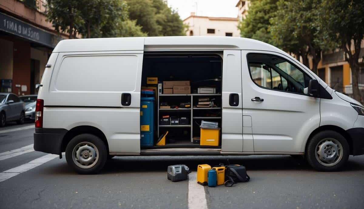 A locksmith's van parked on a busy street in Hospitalet de Llobregat, with tools and equipment spilling out of the open back doors