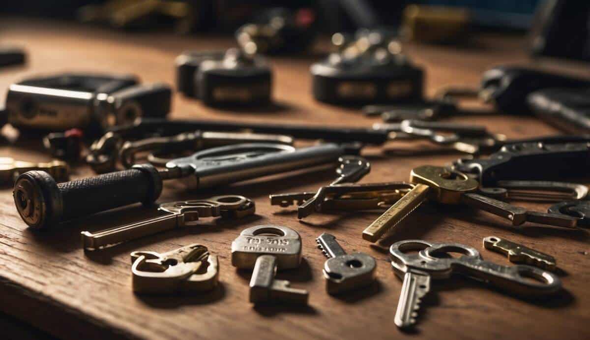 A locksmith's tools laid out on a workbench, with various keys and locks scattered around. A sign reading "Top 5 Locksmiths in Huelva" hangs on the wall