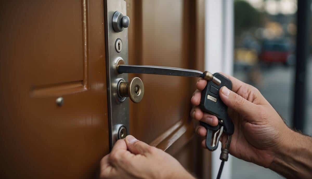 A locksmith skillfully unlocking a door with a set of professional tools. A sign nearby reads "Top 5 locksmiths in Huelva."