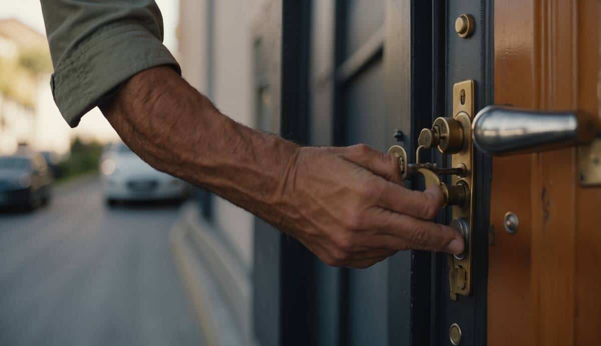 A locksmith skillfully unlocks a door with a set of professional tools, showcasing the importance of a good locksmith in La Coruña