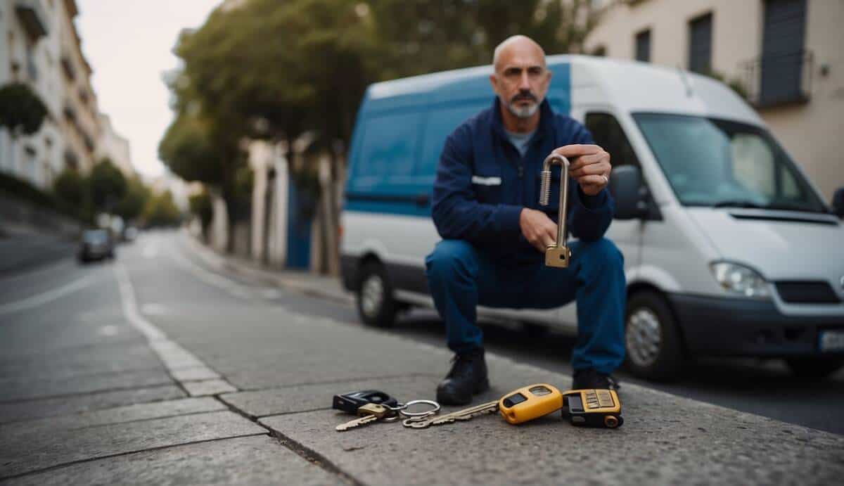 A professional locksmith with tools and keys, standing in front of a locked door. The locksmith's van is parked nearby, with the city of La Coruña in the background