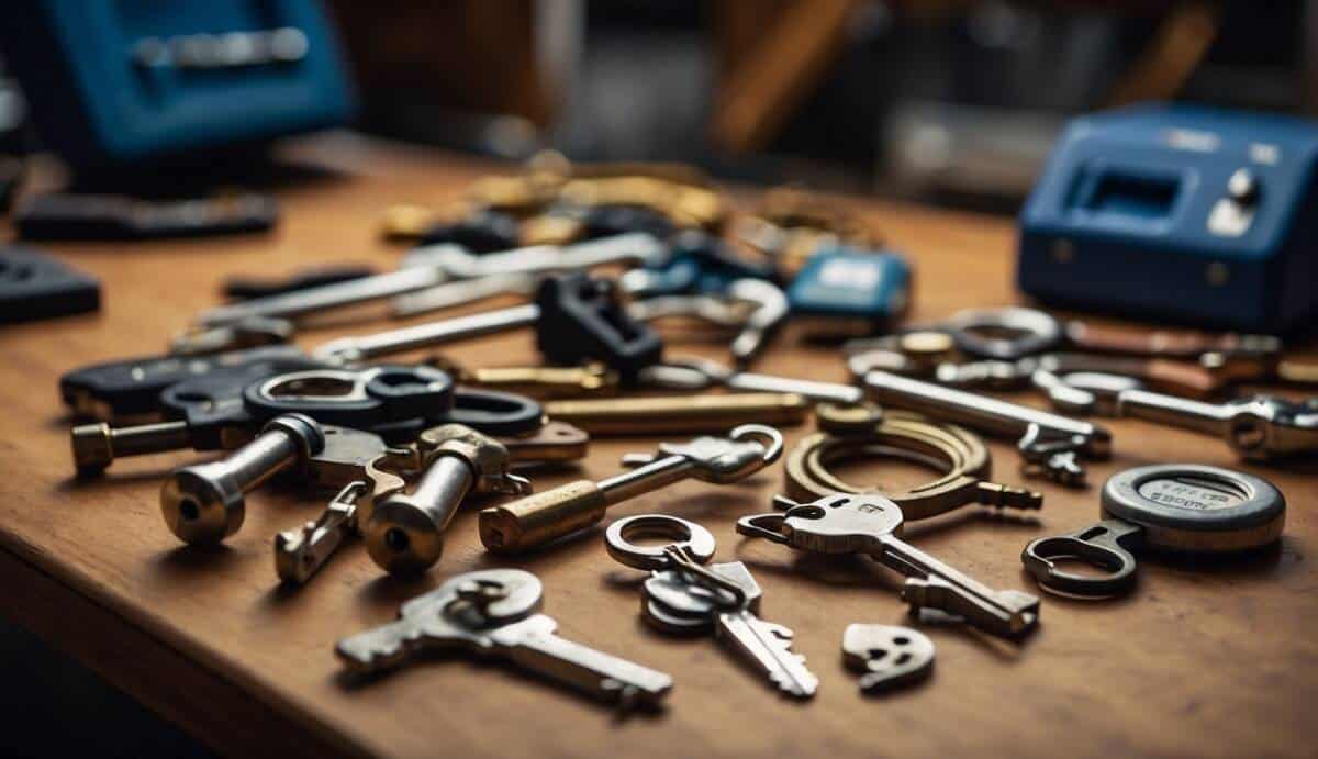 A locksmith's tools laid out on a workbench, with various keys, locks, and security devices in the background