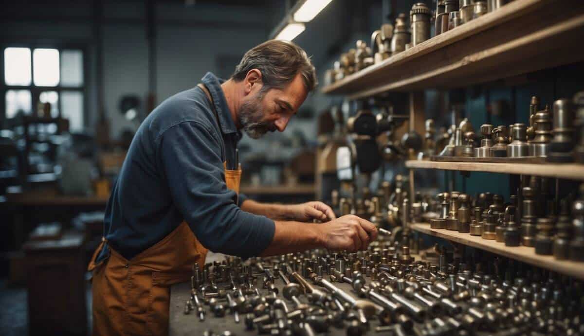 A locksmith carefully selects tools in a well-stocked workshop. A sign reads "Top 5 Locksmiths in Móstoles."