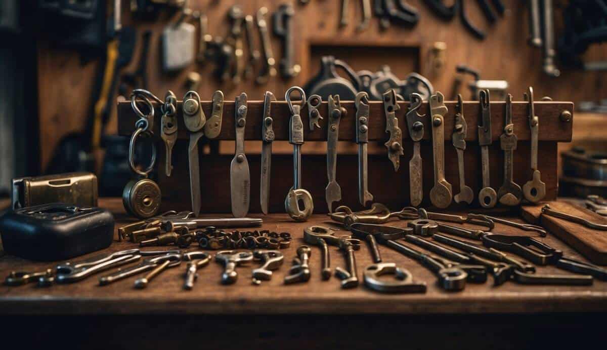 A locksmith in San Sebastián offers common services such as lock installation, repair, and key cutting. The locksmith's tools and equipment are neatly organized on a workbench