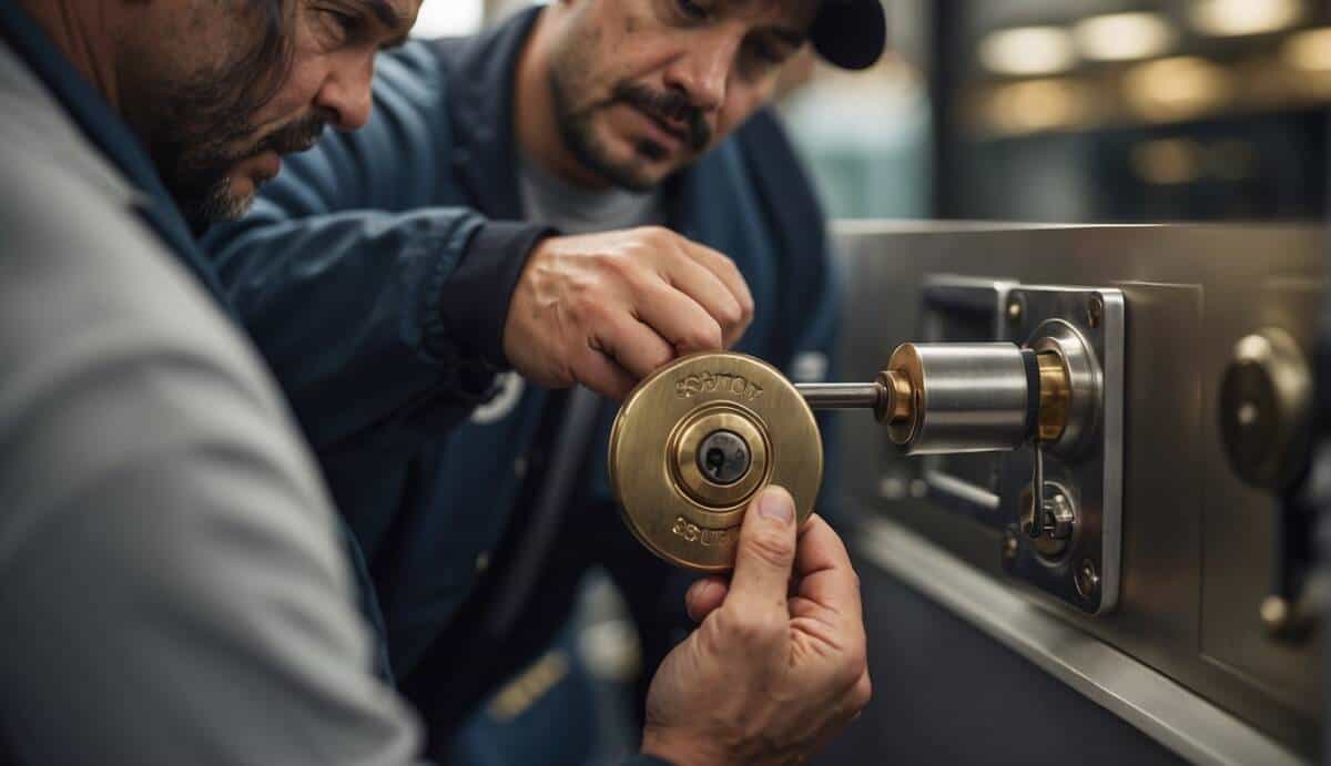 A certified locksmith working on a secure lock in San Sebastián, with the top 5 locksmiths listed in the background