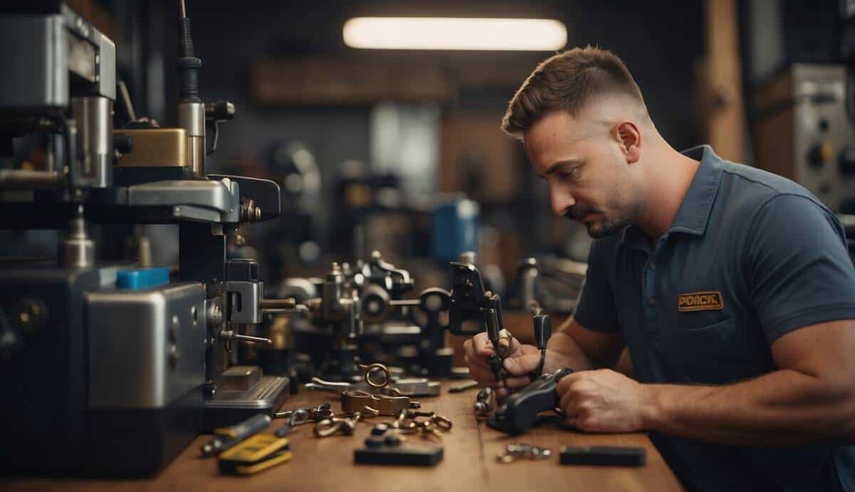 A professional locksmith with tools and a key cutting machine in a well-equipped workshop. Displaying expertise and reliability