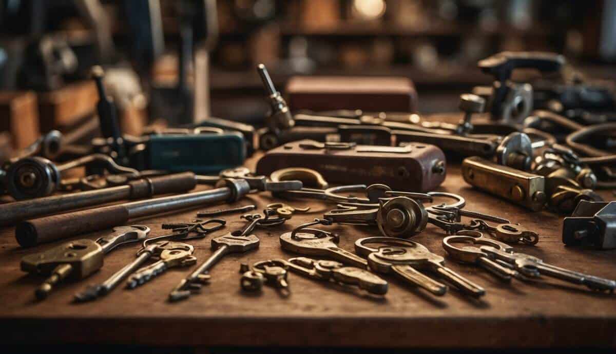 A locksmith's tools lay on a workbench, surrounded by various locks and keys. A sign above reads "Los 5 mejores cerrajeros en Torrejón de Ardoz."